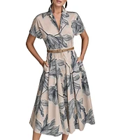 Donna Karan Short Sleeve Belted Button Front Midi Shirt Dress