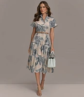 Donna Karan Short Sleeve Belted Button Front Midi Shirt Dress