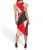 Donna Karan Short Sleeve Boat Neck Abstract Print Color Block Scuba Midi Sheath Dress