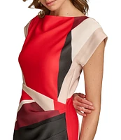 Donna Karan Short Sleeve Boat Neck Abstract Print Color Block Scuba Midi Sheath Dress