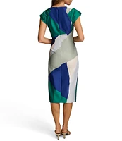 Donna Karan Short Sleeve Boat Neck Abstract Print Color Block Scuba Midi Sheath Dress