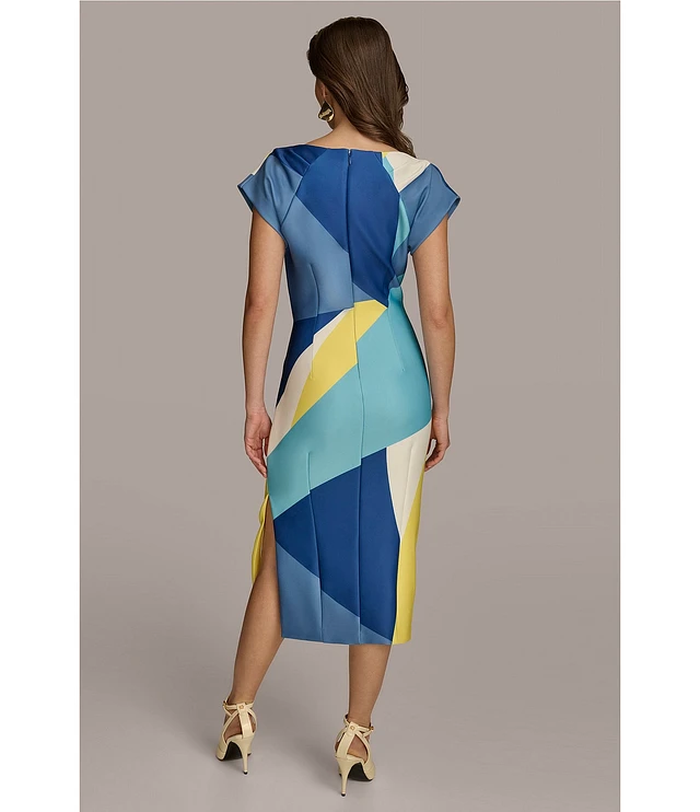 short sleeve boat neck color block scuba midi sheath dress Short Puff Sleeve Scuba Midi Dress with Side Cascade