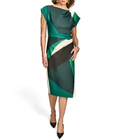 Donna Karan Short Sleeve Boat Neck Abstract Print Color Block Scuba Midi Sheath Dress