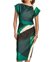 Donna Karan Short Sleeve Boat Neck Abstract Print Color Block Scuba Midi Sheath Dress