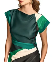 Donna Karan Short Sleeve Boat Neck Abstract Print Color Block Scuba Midi Sheath Dress