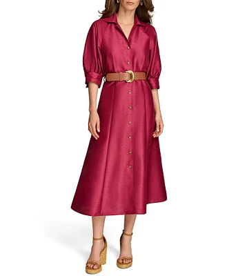 Donna Karan Short Sleeve Collared Neck Belted Midi Dress