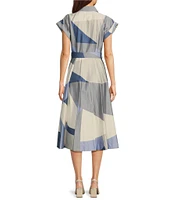 Donna Karan Collared Neck Tie Waist Geometric Color Block Midi Dress