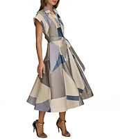 Donna Karan Collared Neck Tie Waist Geometric Color Block Midi Dress