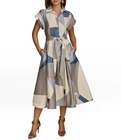 Donna Karan Collared Neck Tie Waist Geometric Color Block Midi Dress