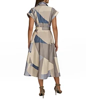 Donna Karan Collared Neck Tie Waist Geometric Color Block Midi Dress