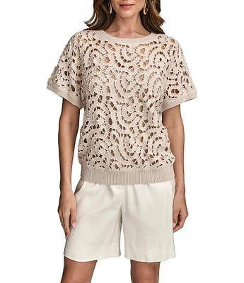 Donna Karan Short Sleeve Drop Shoulder Crochet Top