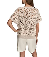 Donna Karan Short Sleeve Drop Shoulder Crochet Top