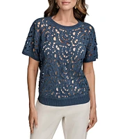 Donna Karan Short Sleeve Drop Shoulder Crochet Top