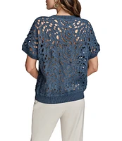 Donna Karan Short Sleeve Drop Shoulder Crochet Top