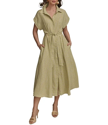 Donna Karan Short Sleeve Gingham Midi Shirt Dress