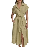 Donna Karan Short Sleeve Gingham Midi Shirt Dress