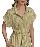 Donna Karan Short Sleeve Gingham Midi Shirt Dress