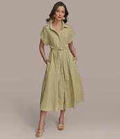 Donna Karan Short Sleeve Gingham Midi Shirt Dress