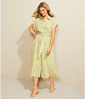 Donna Karan Short Sleeve Gingham Midi Shirt Dress