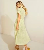 Donna Karan Short Sleeve Gingham Midi Shirt Dress