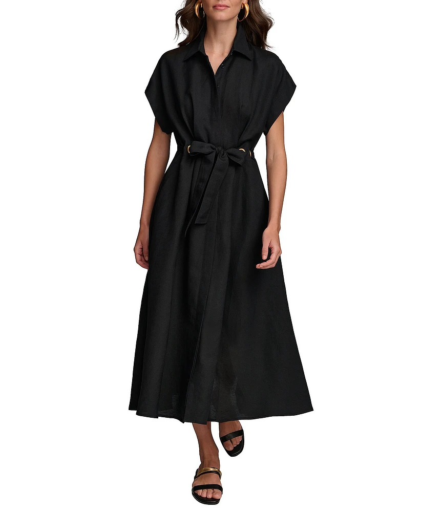 Donna Karan Short Sleeve Point Collar Tie Waist Linen Blend Midi A-Line Dress
