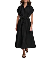 Donna Karan Short Sleeve Point Collar Tie Waist Linen Blend Midi A-Line Dress