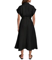 Donna Karan Short Sleeve Point Collar Tie Waist Linen Blend Midi A-Line Dress