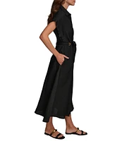 Donna Karan Short Sleeve Point Collar Tie Waist Linen Blend Midi A-Line Dress
