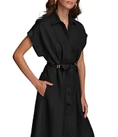 Donna Karan Short Sleeve Point Collar Tie Waist Linen Blend Midi A-Line Dress