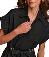 Donna Karan Short Sleeve Point Collar Tie Waist Linen Blend Midi A-Line Dress