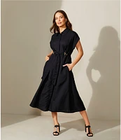 Donna Karan Short Sleeve Point Collar Tie Waist Linen Blend Midi A-Line Dress