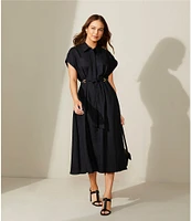Donna Karan Short Sleeve Point Collar Tie Waist Linen Blend Midi A-Line Dress