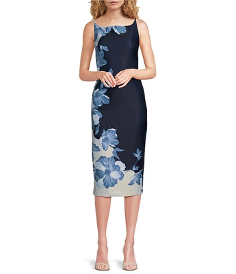 Donna Karan Sleeveless Boat Neck Floral Scuba Midi Sheath Dress