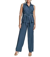Donna Karan Sleeveless Button Front Tie Waist Top