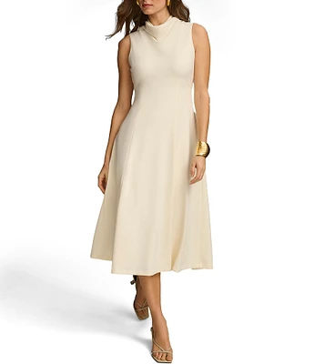 Donna Karan Sleeveless Cowl Mock Neck A-Line Midi Dress