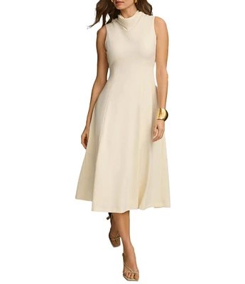 Donna Karan Sleeveless Cowl Mock Neck A-Line Midi Dress