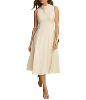 Donna Karan Sleeveless Cowl Mock Neck A-Line Midi Dress