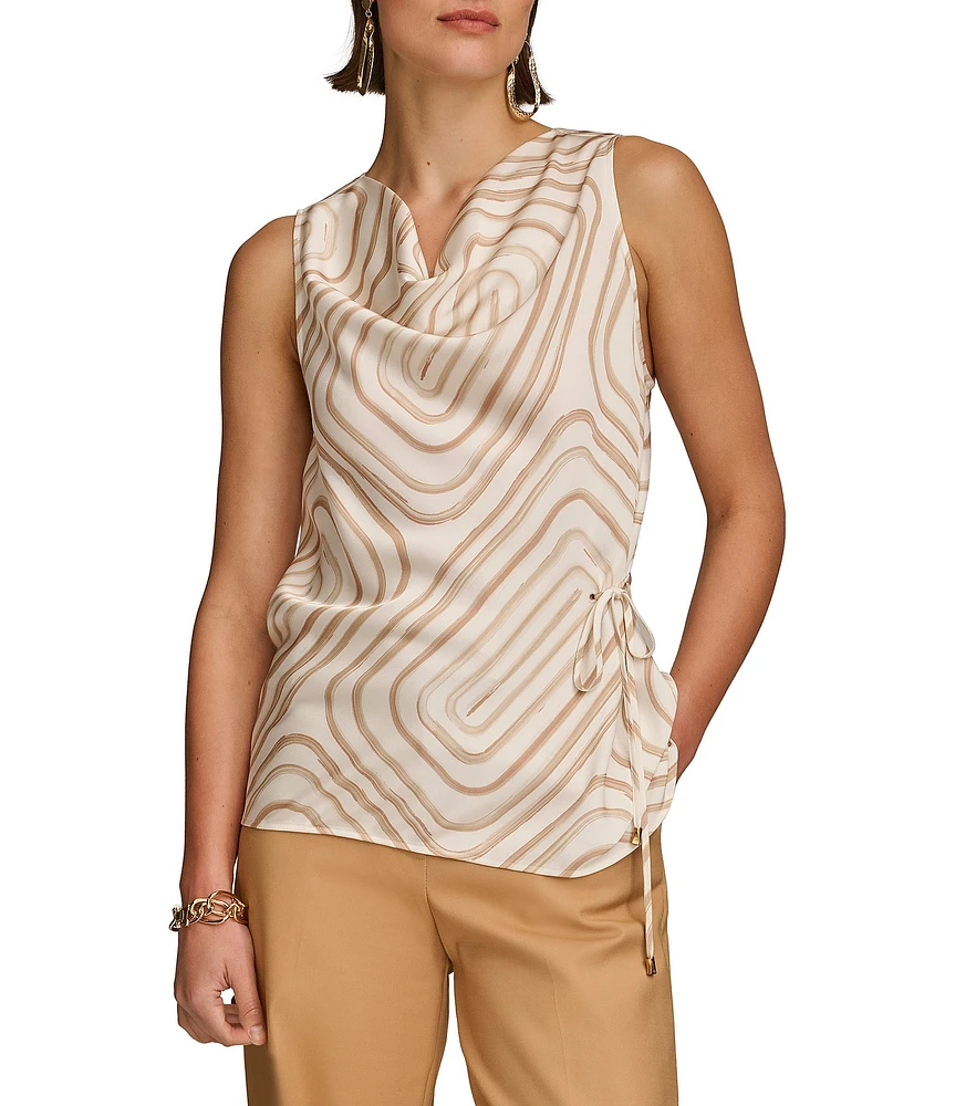 Donna Karan Geometric Print Sleeveless Drape Neck Side Tie Top