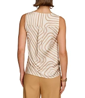 Donna Karan Geometric Print Sleeveless Drape Neck Side Tie Top