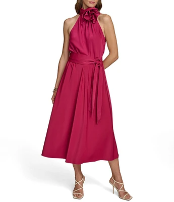 Donna Karan Sleeveless Floral Embellished Halter Neck Tie Waist Satin Dress