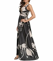 Donna Karan Sleeveless Floral Print V-Neck Ball Gown