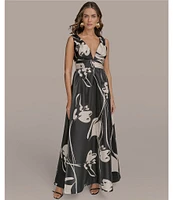 Donna Karan Sleeveless Floral Print V-Neck Ball Gown