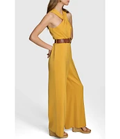 Donna Karan Sleeveless Halter Neck Belted Satin Jumpsuit