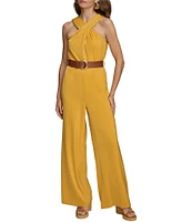 Donna Karan Sleeveless Halter Neck Belted Satin Jumpsuit