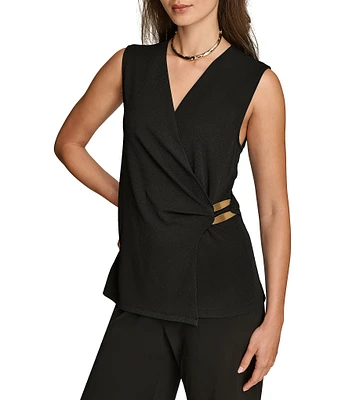 Donna Karan Sleeveless Hardware Embellished Faux Wrap Top