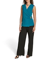 Donna Karan Sleeveless Hardware Embellished Faux Wrap Top