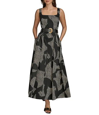 Donna Karan Sleeveless Square Neck A-Line Belted Midi Dress