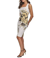 Donna Karan Sleeveless Square Neck Floral Scuba Sheath Dress