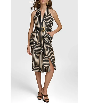 Donna Karan Abstract Print Sleeveless V-Neck Belted Printed Midi Dress