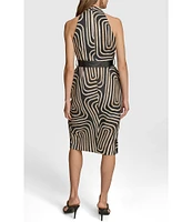 Donna Karan Abstract Print Sleeveless V-Neck Belted Printed Midi Dress